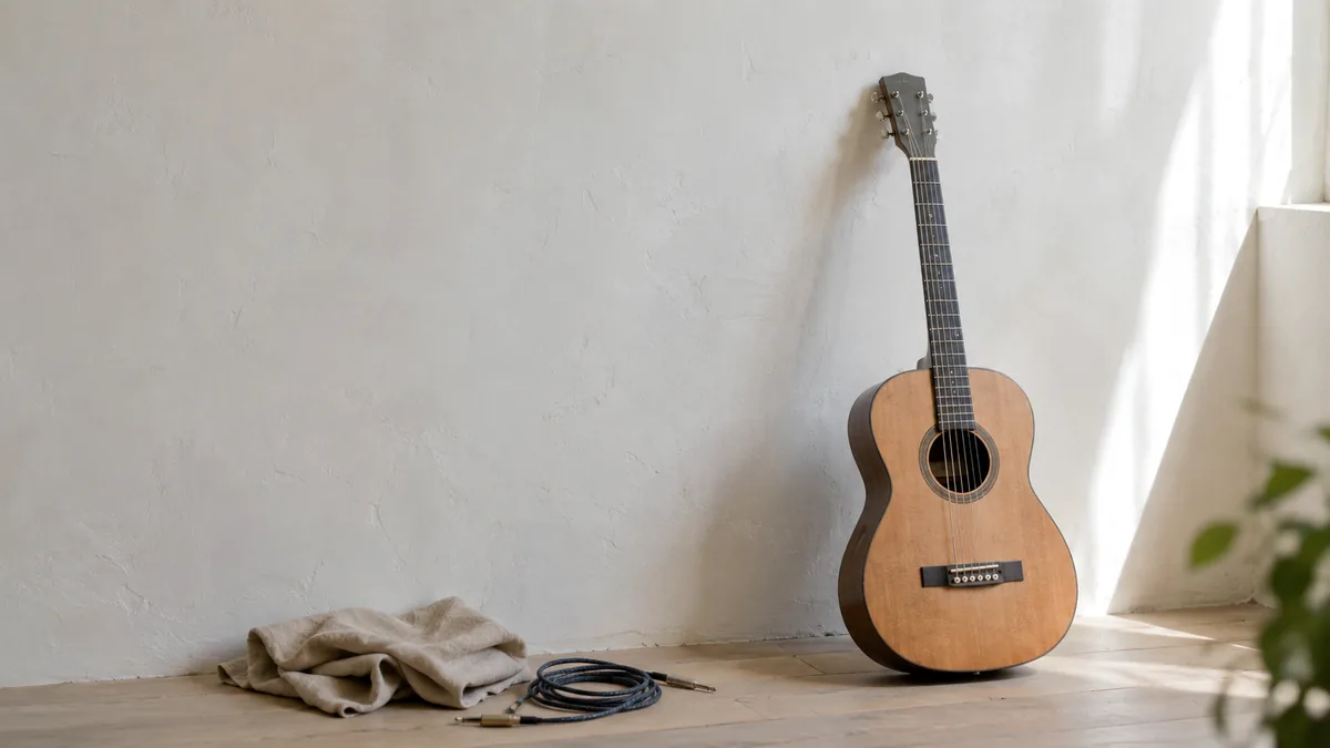 Akoestische gitaar rechtop tegen een lichte muur