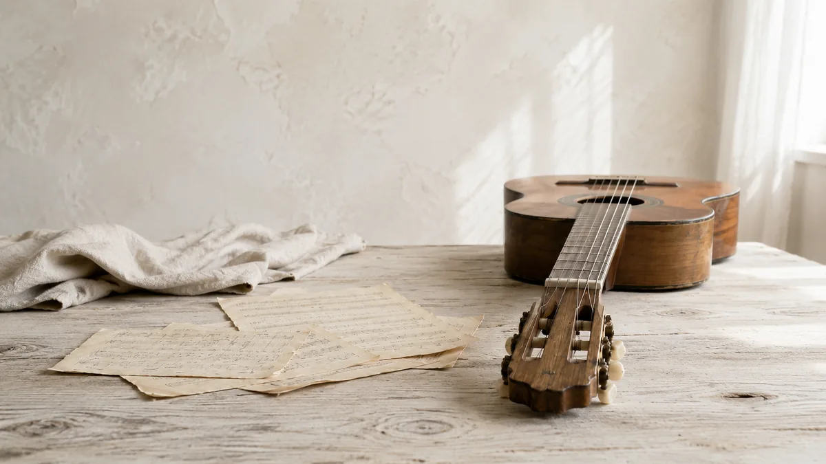 Oude klassieke gitaar op een houten tafel met bladmuziek