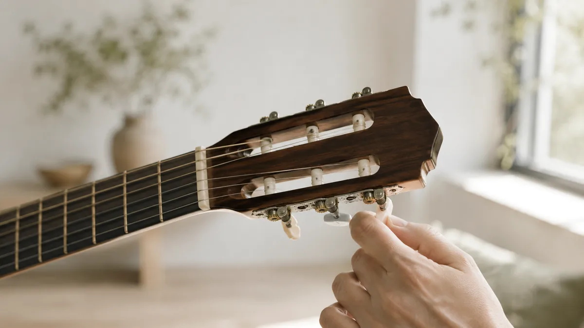 Hand draait aan een stemmechaniek van een klassieke gitaar