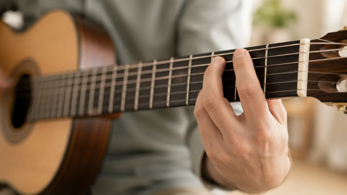 Linkerhand vormt een open akkoord op een klassieke gitaar