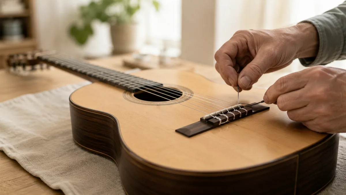 Handen knopen een nieuwe snaar aan de brug van een klassieke gitaar
