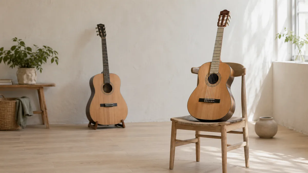 Klassieke gitaar en westerngitaar naast elkaar in een lichte kamer