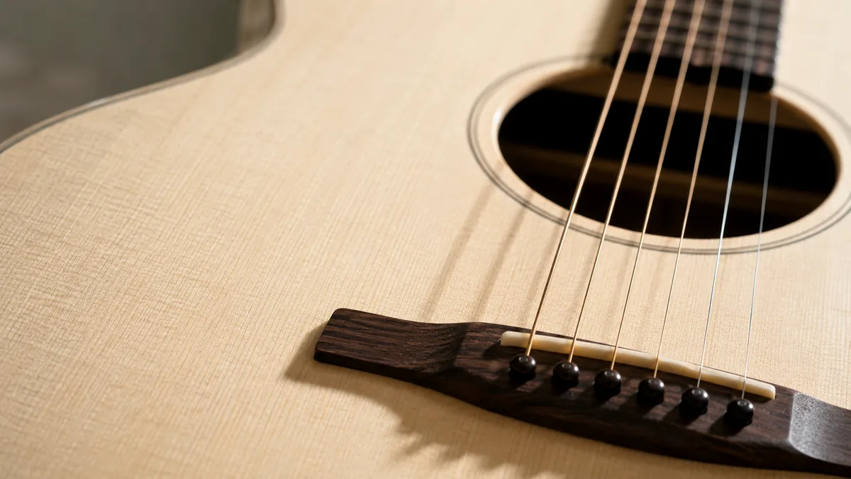 Close-up van klankgat, brug en zadel van een gitaar